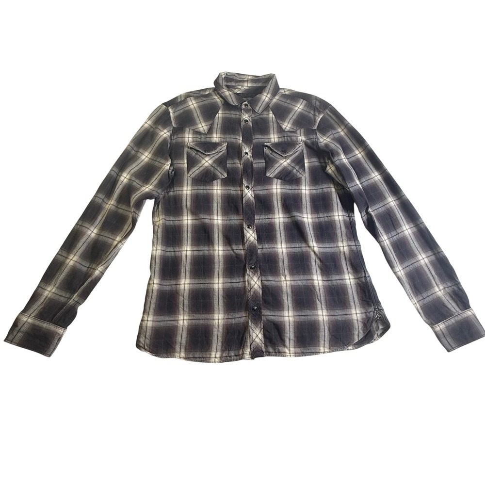 AllSaints Dacoma LS Shirt Mens Medium Purple Plaid Excellent Western Snap Button